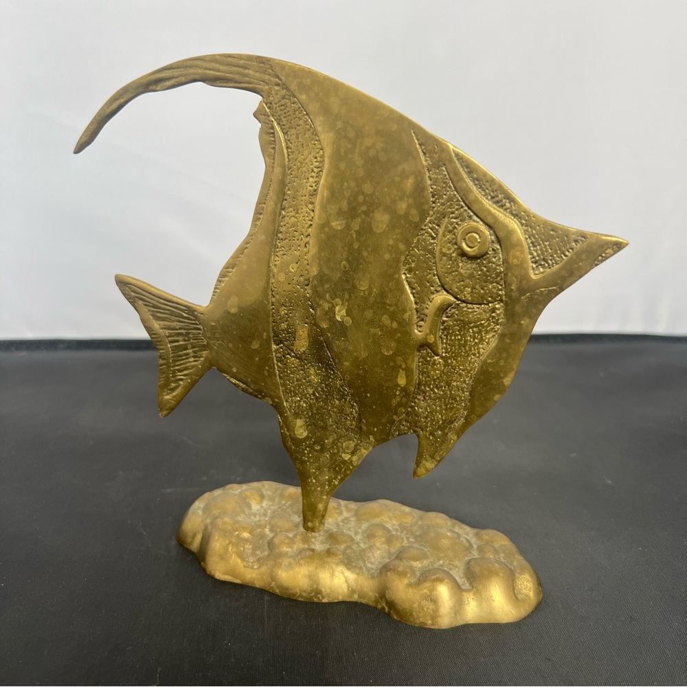 Vintage TROPICAL ANGEL FISH BRASS SCULPTURE STATUE MADE IN KOREA MCM